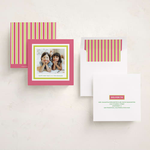 This is a candy holiday photo cards with standard by Sara Hicks Malone called palm royale printing on recycled smooth signature in square