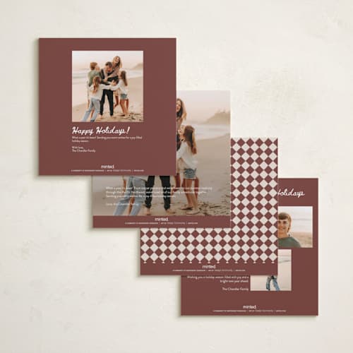This is a maroon holiday photo cards with standard by Gwen Bedat called hello printing on recycled smooth signature in square
