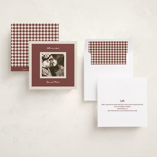 This is a maroon holiday photo cards with standard by Gwen Bedat called hello printing on recycled smooth signature in square