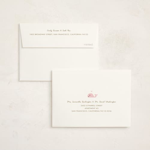 This is a baby pink baby shower thank you cards with foil pressed by mo kelley called baby whale on the way printing on strathmore in standard