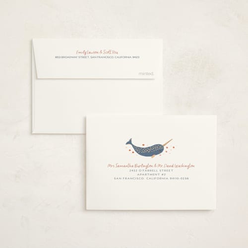 This is a midnight berry baby shower thank you cards with foil pressed by Vera Lim called under the sea printing on strathmore in standard