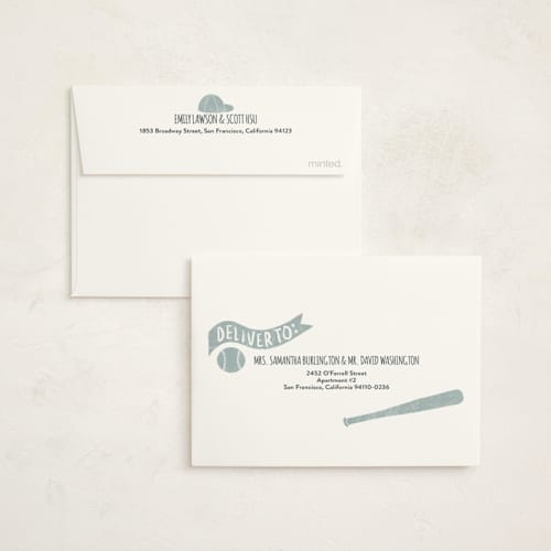 This is a sky baby shower thank you cards with foil pressed by Rebekah Canavan called baseball baby shower printing on strathmore in standard