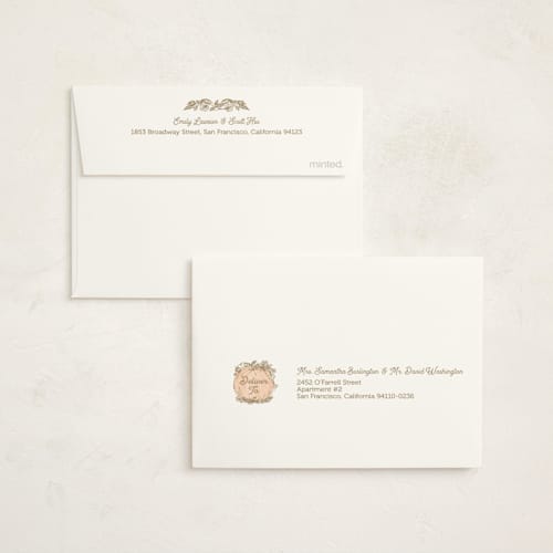 This is a peach baby shower thank you cards with foil pressed by Paper Sun Studio called little pumpkin printing on strathmore in standard
