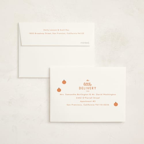 This is a pumpkin baby shower thank you cards with foil pressed by Baumbirdy called a little pumpkin printing on strathmore in standard