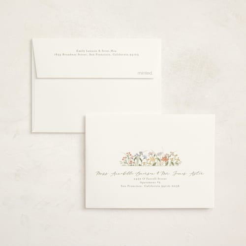This is a vanilla baby shower thank you cards with foil pressed by Jennifer Wick called meadow flowers printing on strathmore in standard