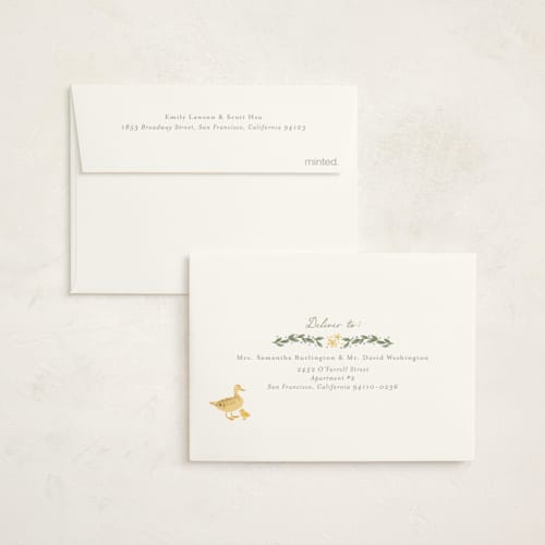 This is a vanilla baby shower thank you cards with foil pressed by frau brandt called cottage life printing on strathmore in standard