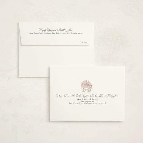 This is a antique blush baby shower thank you cards with foil pressed by Ana de Sousa called petal & pram printing on strathmore in standard
