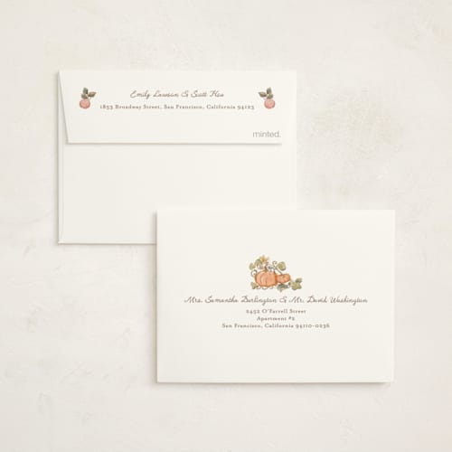 This is a ivory baby shower thank you cards with foil pressed by Becky Nimoy called autumn harvest printing on strathmore in standard