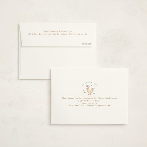 This is a mint baby shower thank you cards with foil pressed by Jennifer Wick called nursery rhyme printing on strathmore in standard