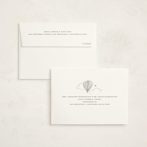 This is a sail baby shower thank you cards with foil pressed by Teju Reval called hot air balloons printing on strathmore in standard