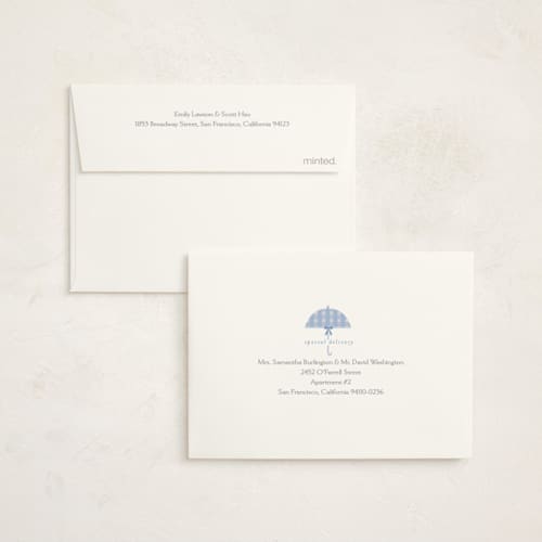 This is a sky baby shower thank you cards with foil pressed by Angela Thompson called plaid brolly printing on strathmore in standard