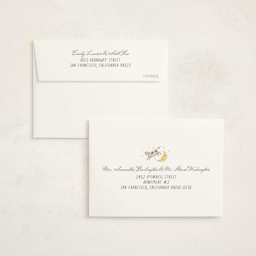 This is a dandelion baby shower thank you cards with foil pressed by Heather Schertzer called over the moon printing on strathmore in standard