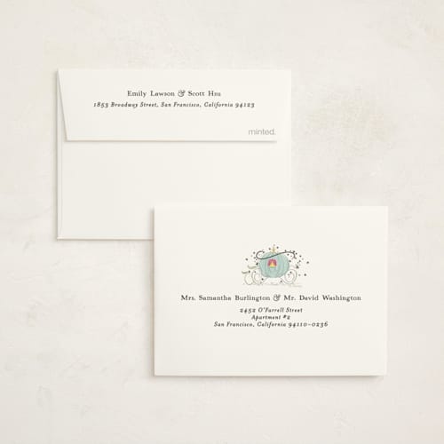 This is a peach baby shower thank you cards with foil pressed by Becky Nimoy called disney's cinderella pumpkin patch printing on strathmore in standard