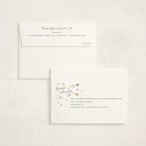 This is a celestial baby shower thank you cards with foil pressed by Leah Bisch called stellar printing on strathmore in standard