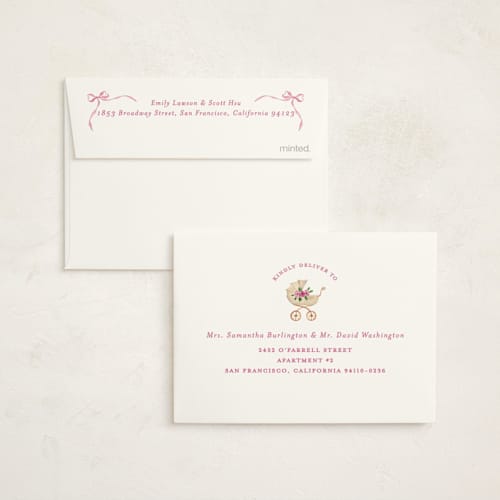 This is a sakura baby shower thank you cards with standard by Sarah Knight called tied with a bow printing on strathmore in standard