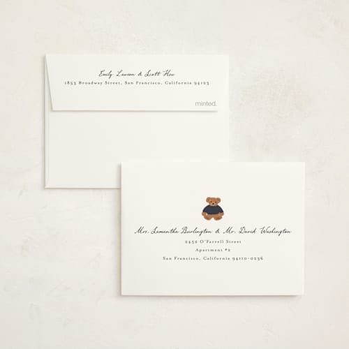 This is a navy baby shower thank you cards with standard by Erin German called teddy bear monogram printing on strathmore in standard
