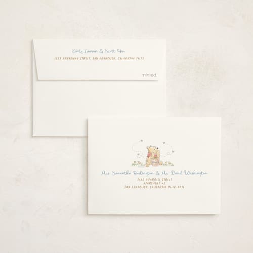 This is a pond baby shower thank you cards with standard by Creo Study called disney's winnie the pooh and a lil hunny printing on strathmore in standard