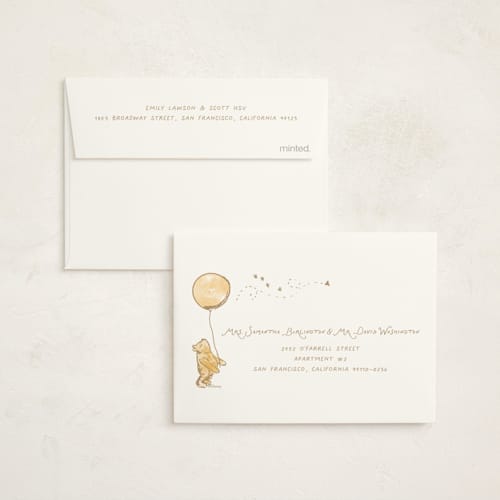 This is a honey baby shower thank you cards with standard by Jenna Holcomb called disney's winnie the pooh little honey printing on strathmore in standard