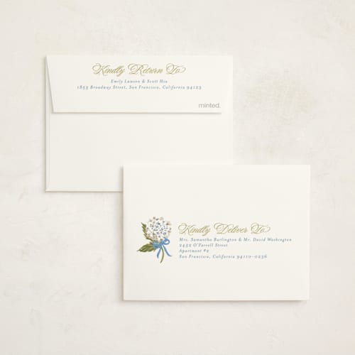 This is a blue bell baby shower thank you cards with standard by Jackie Crawford called hydrangea bow bouquets printing on strathmore in standard