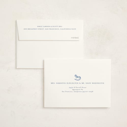 This is a powder baby shower thank you cards with standard by Jenna Holcomb called rocking horse baby printing on strathmore in standard