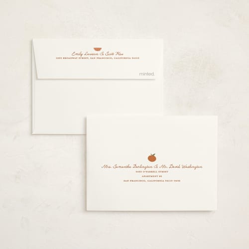 This is a peach baby shower thank you cards with standard by Kelly Watkins called a little cutie printing on strathmore in standard