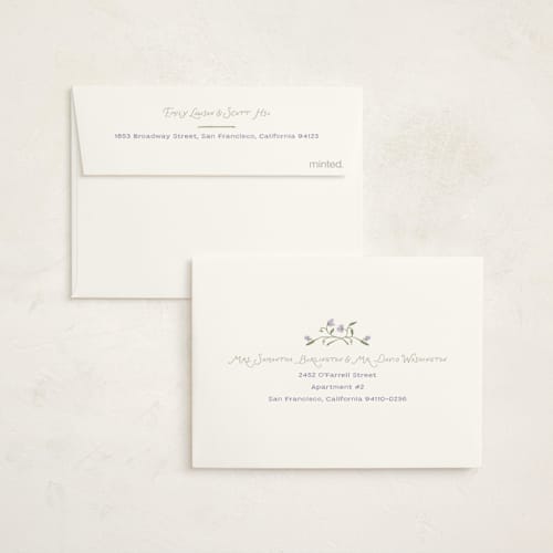 This is a lilac baby shower thank you cards with standard by Leah Bisch called sweet pea printing on strathmore in standard