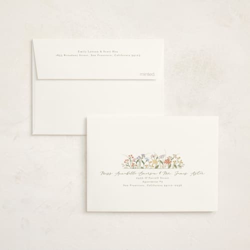 This is a vanilla baby shower thank you cards with standard by Jennifer Wick called meadow flowers printing on strathmore in standard