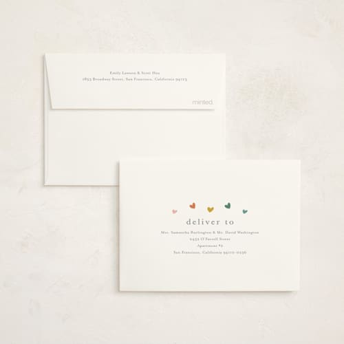 This is a hearts rainbow baby shower thank you cards with standard by Stacey Meacham called tiny hearts printing on strathmore in standard