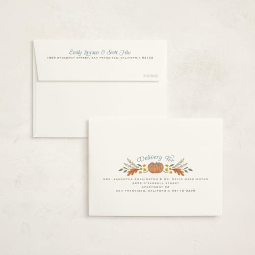 This is a cornflower baby shower thank you cards with standard by Laura Hankins called pumpkins + bows printing on strathmore in standard