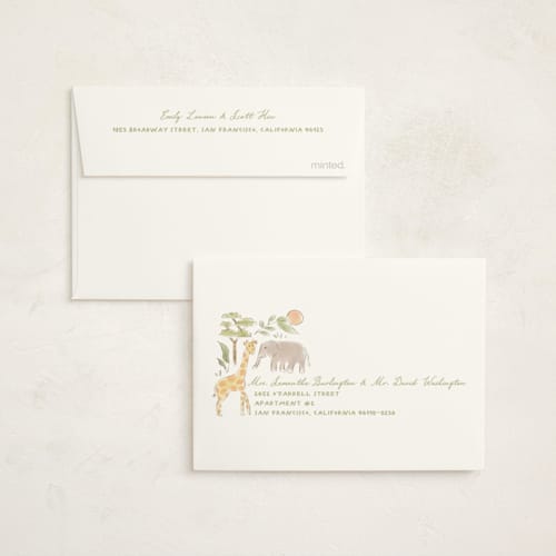 This is a jungle baby shower thank you cards with standard by Creo Study called a wild one printing on strathmore in standard