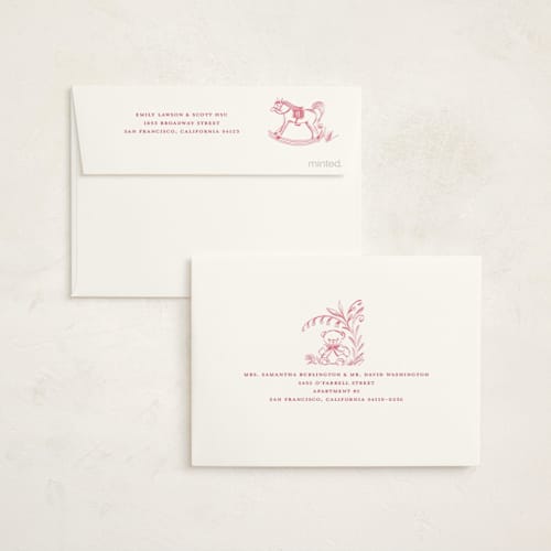 This is a blush baby shower thank you cards with standard by Teju Reval called baby toile printing on strathmore in standard