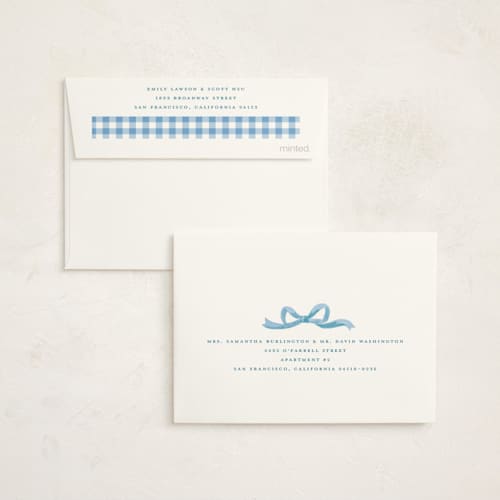 This is a sky baby shower thank you cards with standard by Teju Reval called painted bow printing on strathmore in standard