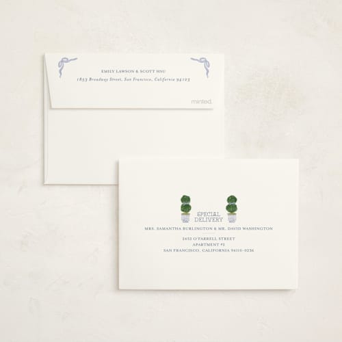 This is a periwinkle baby shower thank you cards with standard by Jenna Holcomb called topiary printing on strathmore in standard