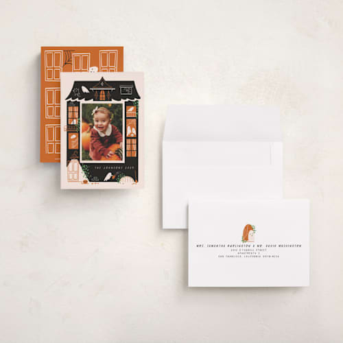 This is a pumpkin halloween party invitations cards with standard by Grae called ghost house printing on recycled smooth signature in petite