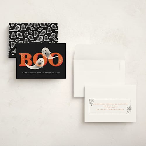 This is a charcoal halloween party invitations cards with standard by Megan Cash called boo! printing on signature in petite