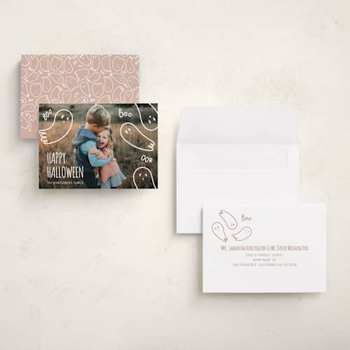 This is a ghost halloween party invitations cards with standard by Claudia Orengo called cute halloween printing on recycled smooth signature in petite