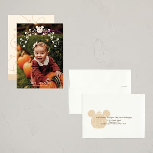 This is a cream halloween party invitations cards with standard by Susan Varghese called disney's mickey mouse halloween pumpkin printing on recycled smooth signature in petite