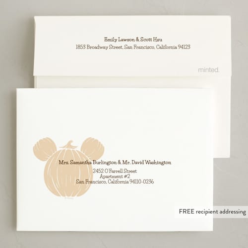 This is a cream halloween party invitations cards with standard by Susan Varghese called disney's mickey mouse halloween pumpkin printing on recycled smooth signature in petite