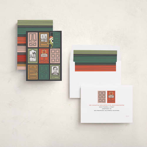 This is a santa holiday photo cards with standard by Claudia Orengo called pixar's mosters inc holiday doors printing on recycled smooth signature in standard