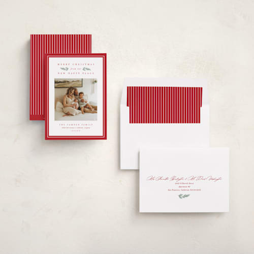 This is a poinsettia holiday photo cards with standard by Amy Kross called new happy place printing on recycled smooth signature in standard