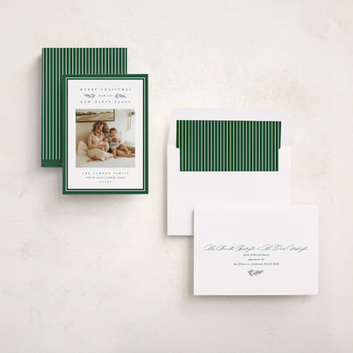 This is a pine holiday photo cards with standard by Amy Kross called new happy place printing on recycled smooth signature in standard