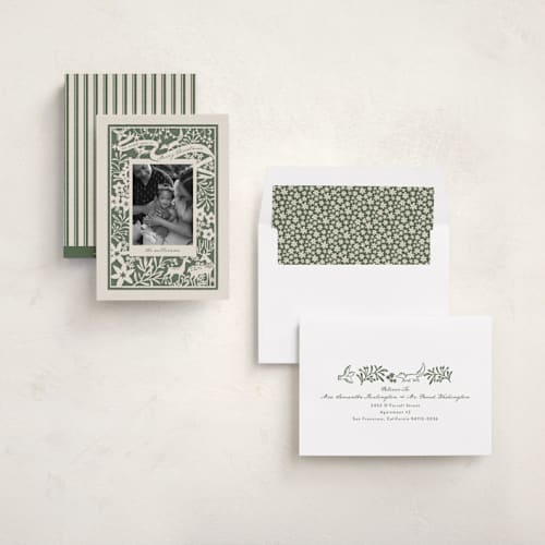 This is a pine holiday photo cards with standard by Leia Matt called woodland papercut printing on recycled smooth signature in standard