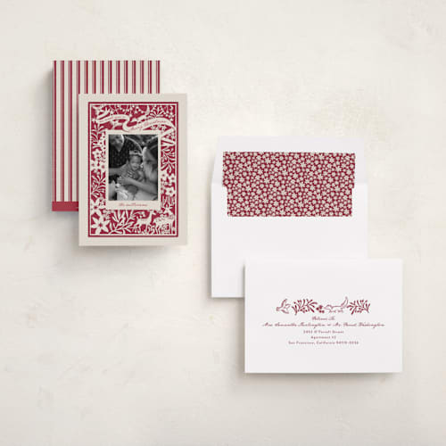 This is a berry holiday photo cards with standard by Leia Matt called woodland papercut printing on recycled smooth signature in standard