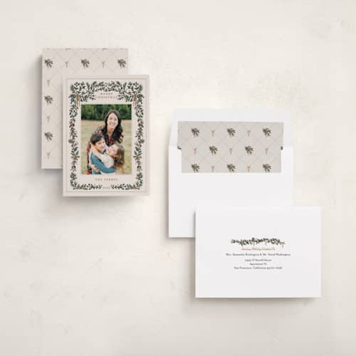 This is a champagne holiday photo cards with standard by Angel Walker called merriest botanicals printing on recycled smooth signature in standard