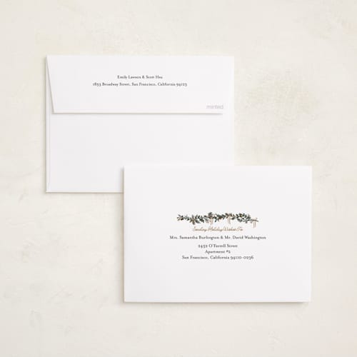 This is a champagne holiday photo cards with standard by Angel Walker called merriest botanicals printing on recycled smooth signature in standard