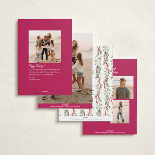 This is a berry holiday photo cards with standard by Sarah Knight called ribbon arch printing on recycled smooth signature in standard