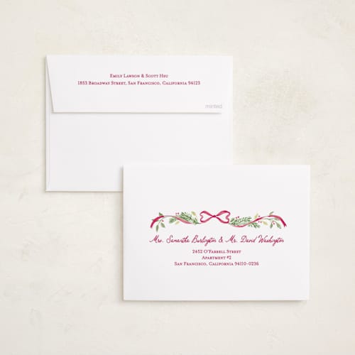 This is a berry holiday photo cards with standard by Sarah Knight called ribbon arch printing on recycled smooth signature in standard