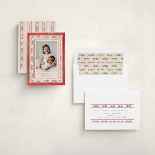This is a holly berry holiday photo cards with standard by Mansi Verma called floral folk printing on recycled smooth signature in standard