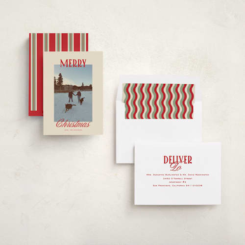 This is a stocking holiday photo cards with standard by Creo Study called modern classic printing on recycled smooth signature in standard