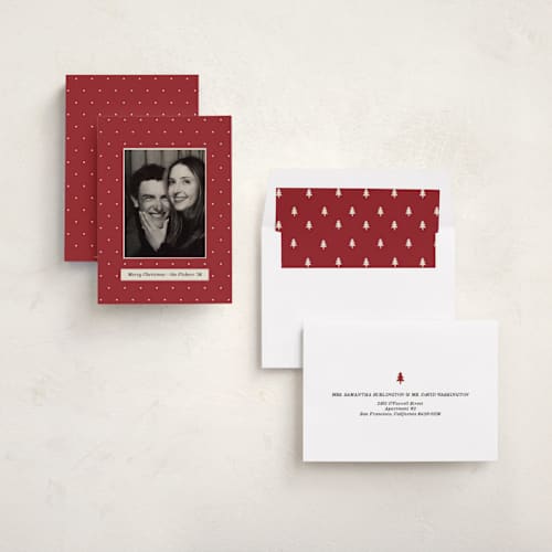 This is a cranberry holiday photo cards with standard by Ani Somi called merry day printing on recycled smooth signature in standard